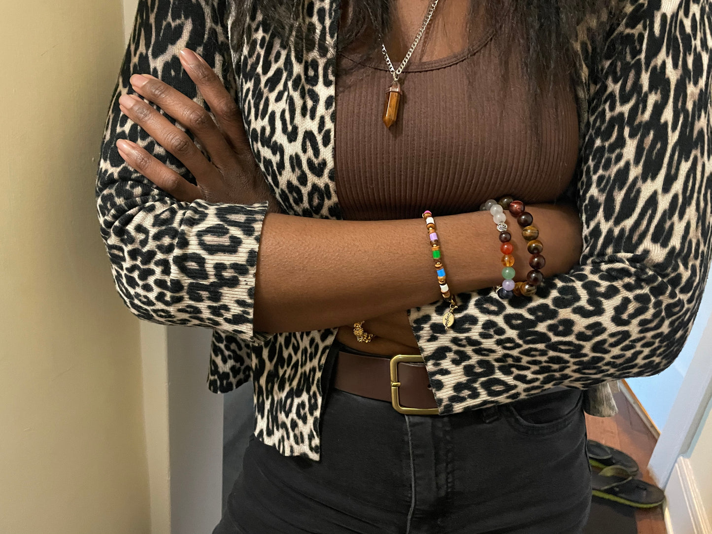 Tiger’s Eye Red & Brown Natural Stones Stretch Bracelet+European Rhinestones Metal Bead "Ease Rocks Collection"