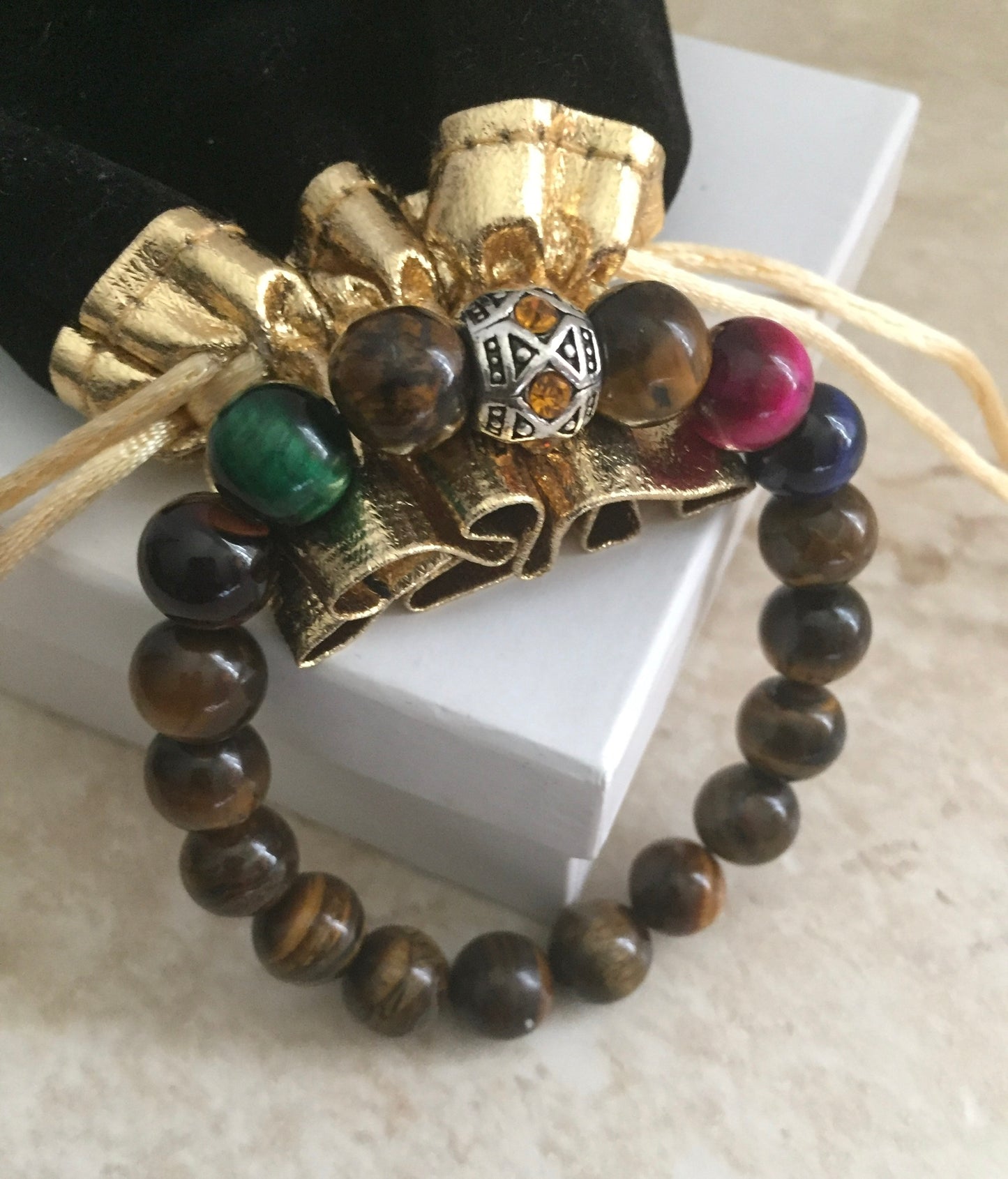 Multi-Colored Tiger's Eye Stretch Bracelet + European Topaz Rhinestone Metal Bead "Ease Rocks Collection"