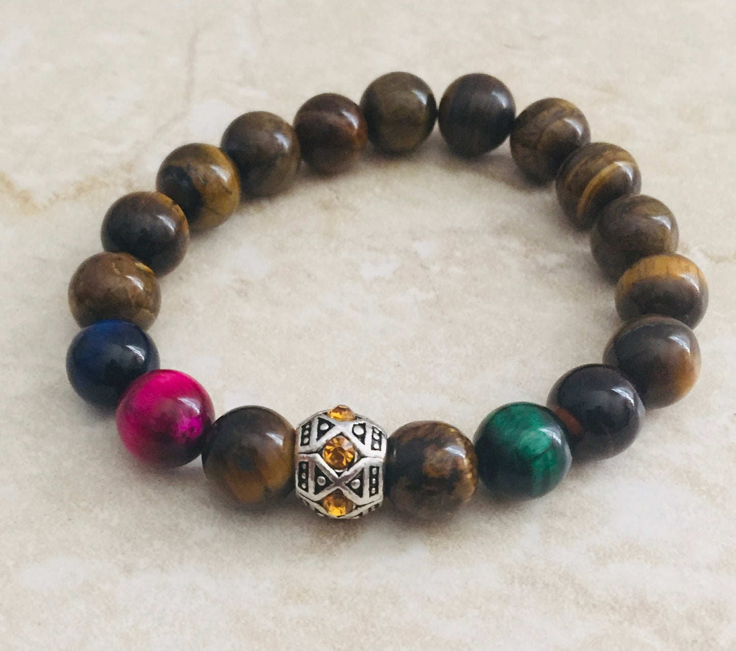 Multi-Colored Tiger's Eye Stretch Bracelet + European Topaz Rhinestone Metal Bead "Ease Rocks Collection"