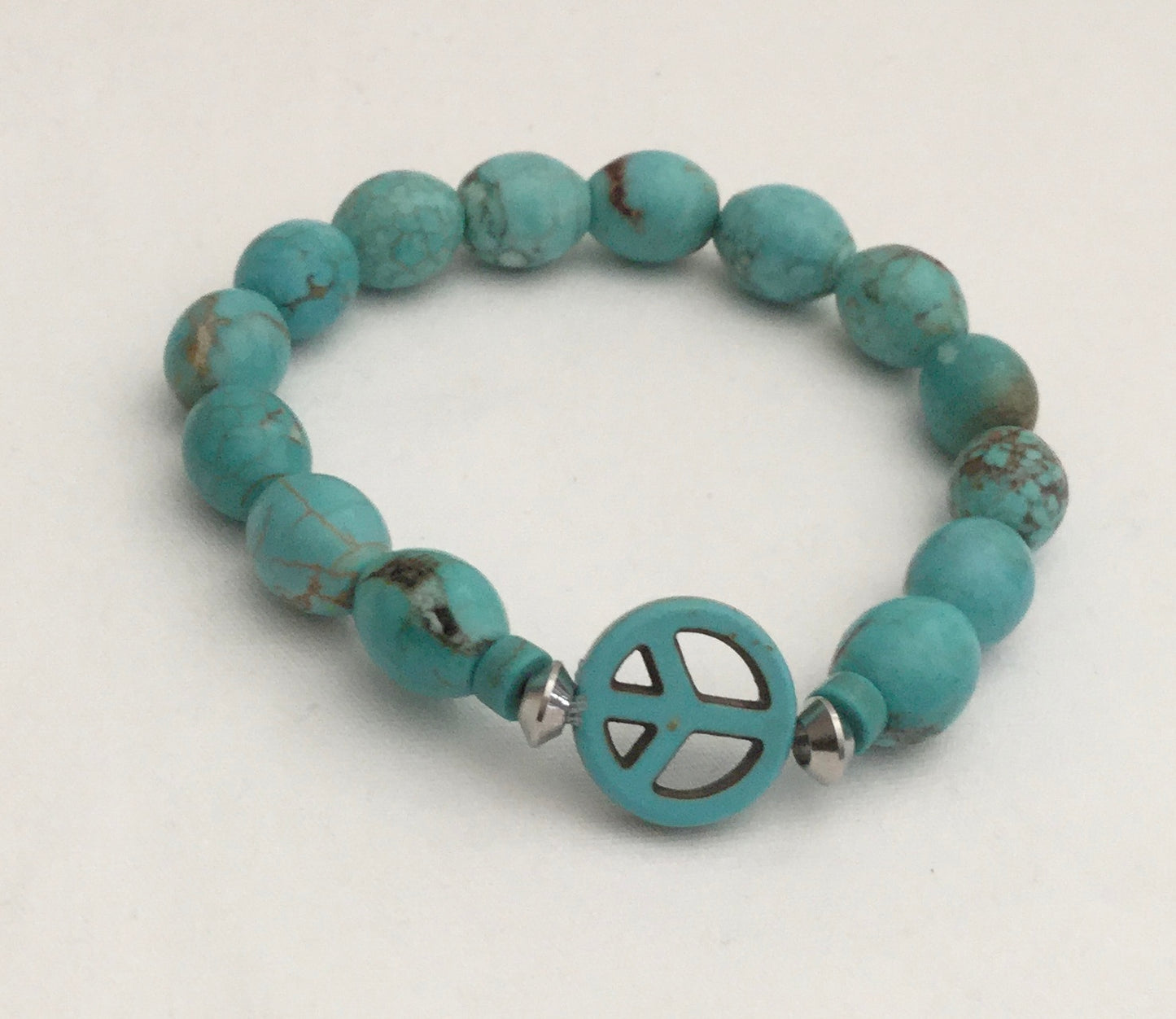 Peace Sign+ Magnesite (Stabilized Turquoise) Stretch Beaded Bracelet “Ease Rock Collection”