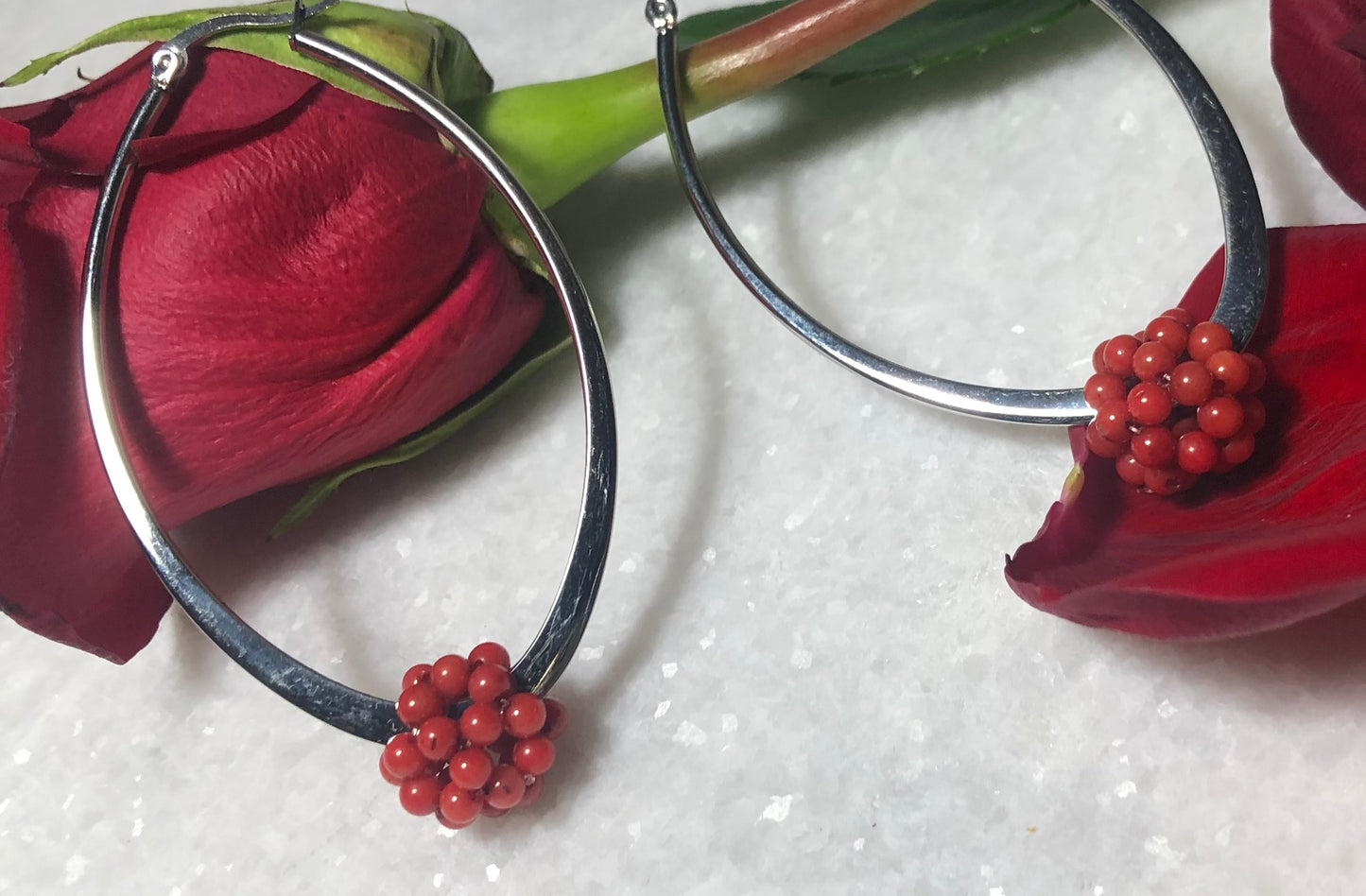 Sterling Silver Hoop + Coral Cluster Beads