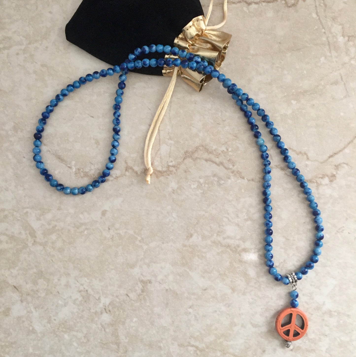 60’s Inspired Peace Sign Focus Pendant + Dyed Blue Agate Beads Necklace "Ease Rocks Collection"