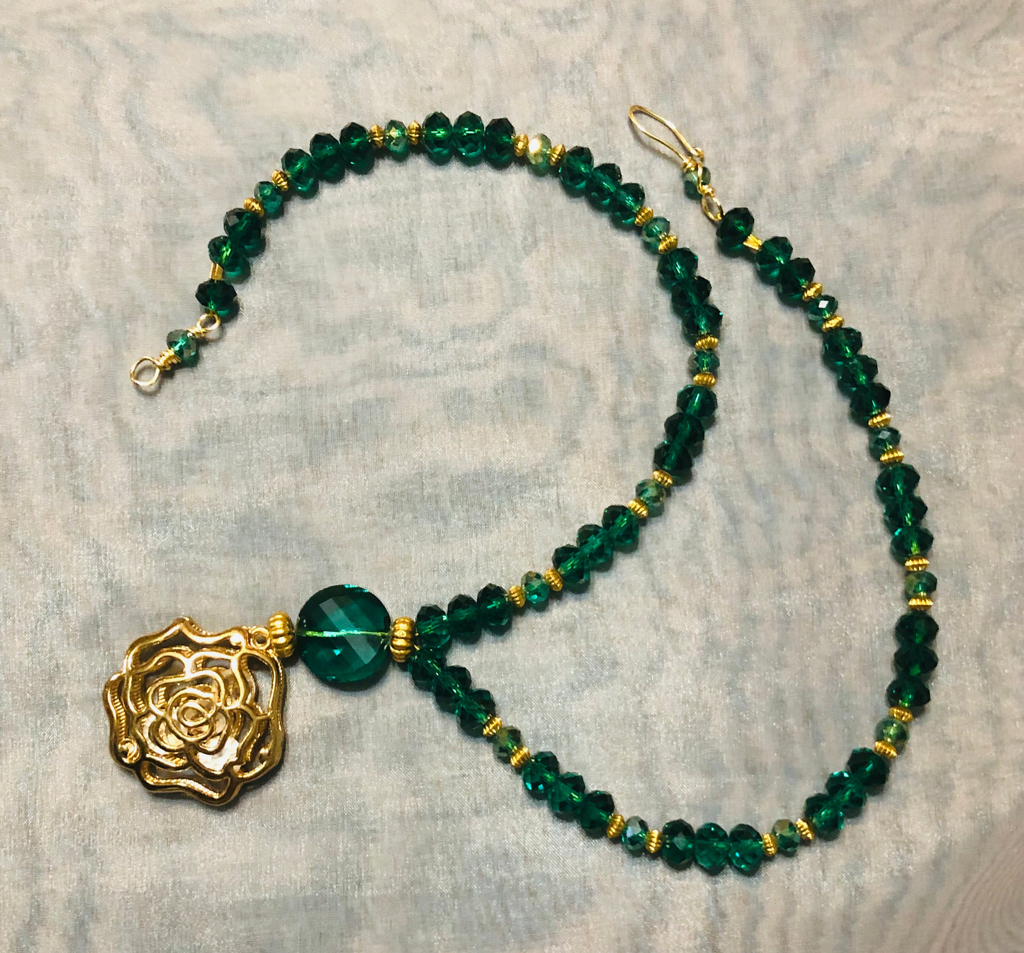 Emerald Color Crystal Glass Beads And Gold Plated Rose Flower Drop Necklace “ Ease Bijou Collection”