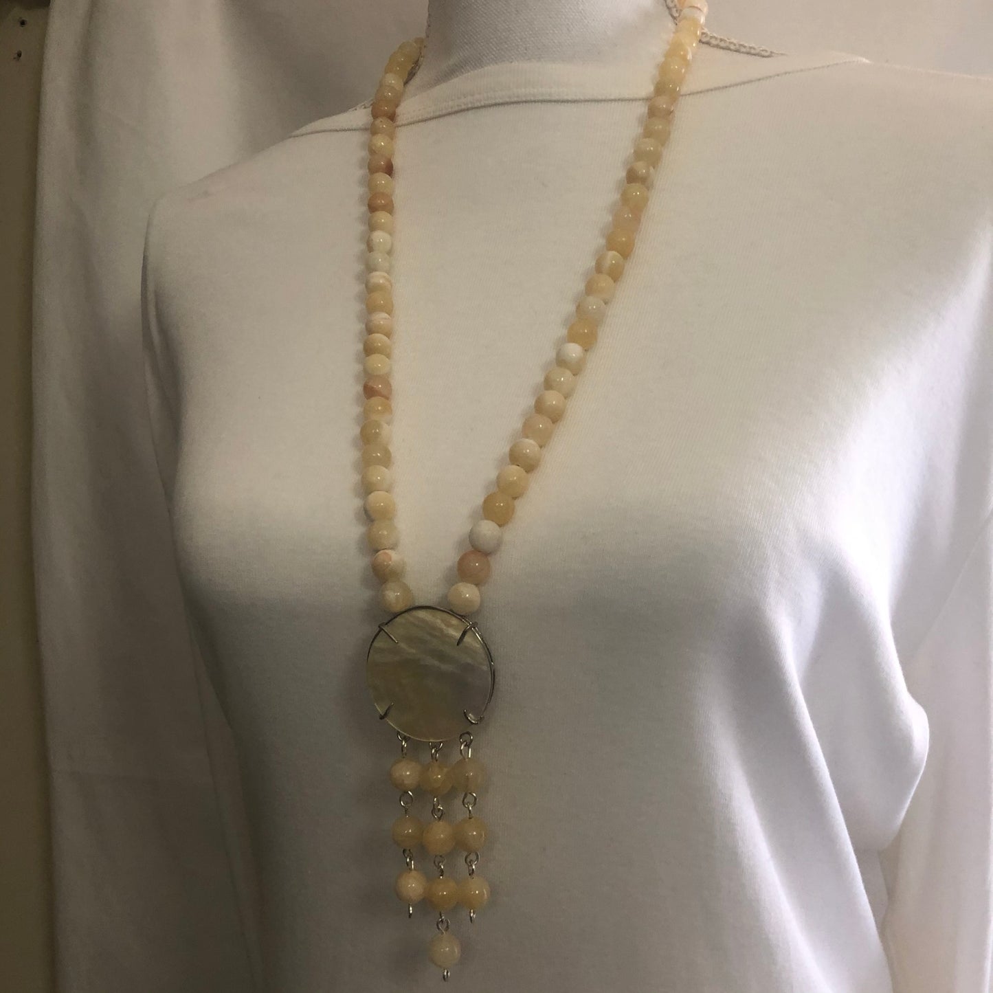 Simply Stunning Mother Of Pearls Shell Pendant + Calcite Natural Stone Necklace “Ease Bijou Collection”