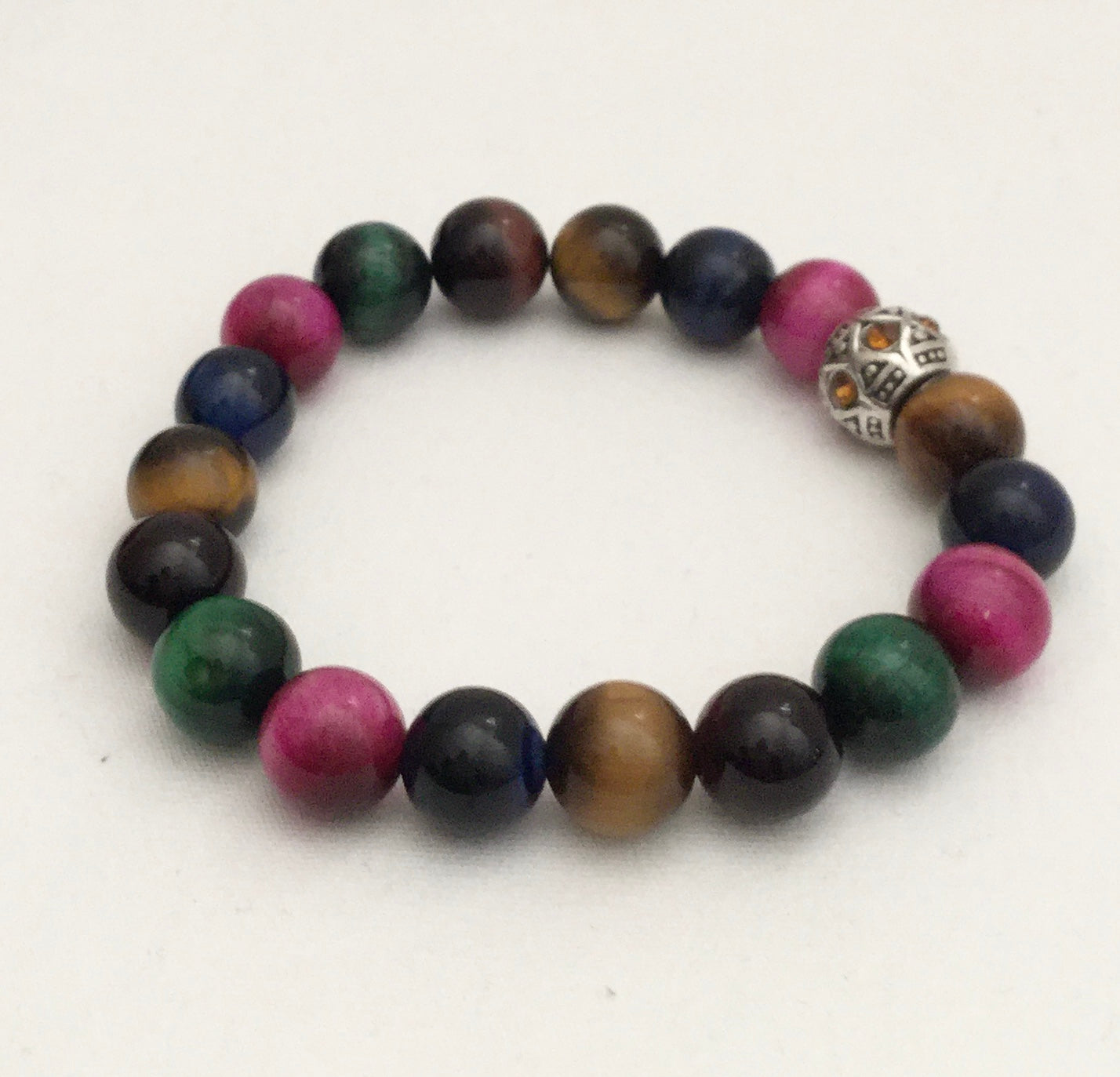 Multi-Colored Tiger's Eye Stretch Bracelet + European Topaz Rhinestone Metal Bead "Ease Rocks Collection"