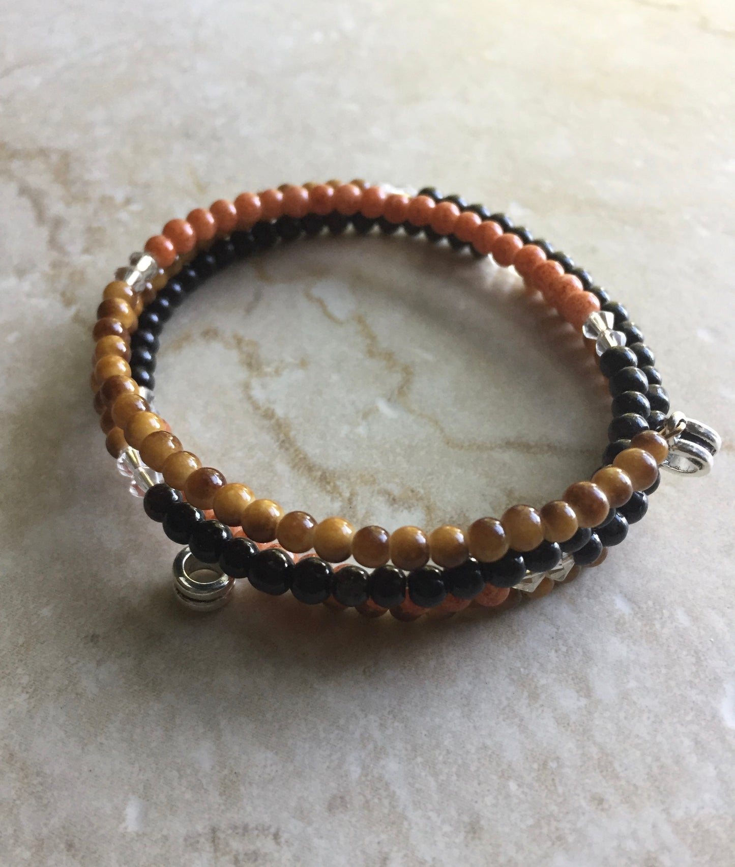 Black And Browns Memory Wire Wrap Beaded Bracelet "Ease Rock Collection"