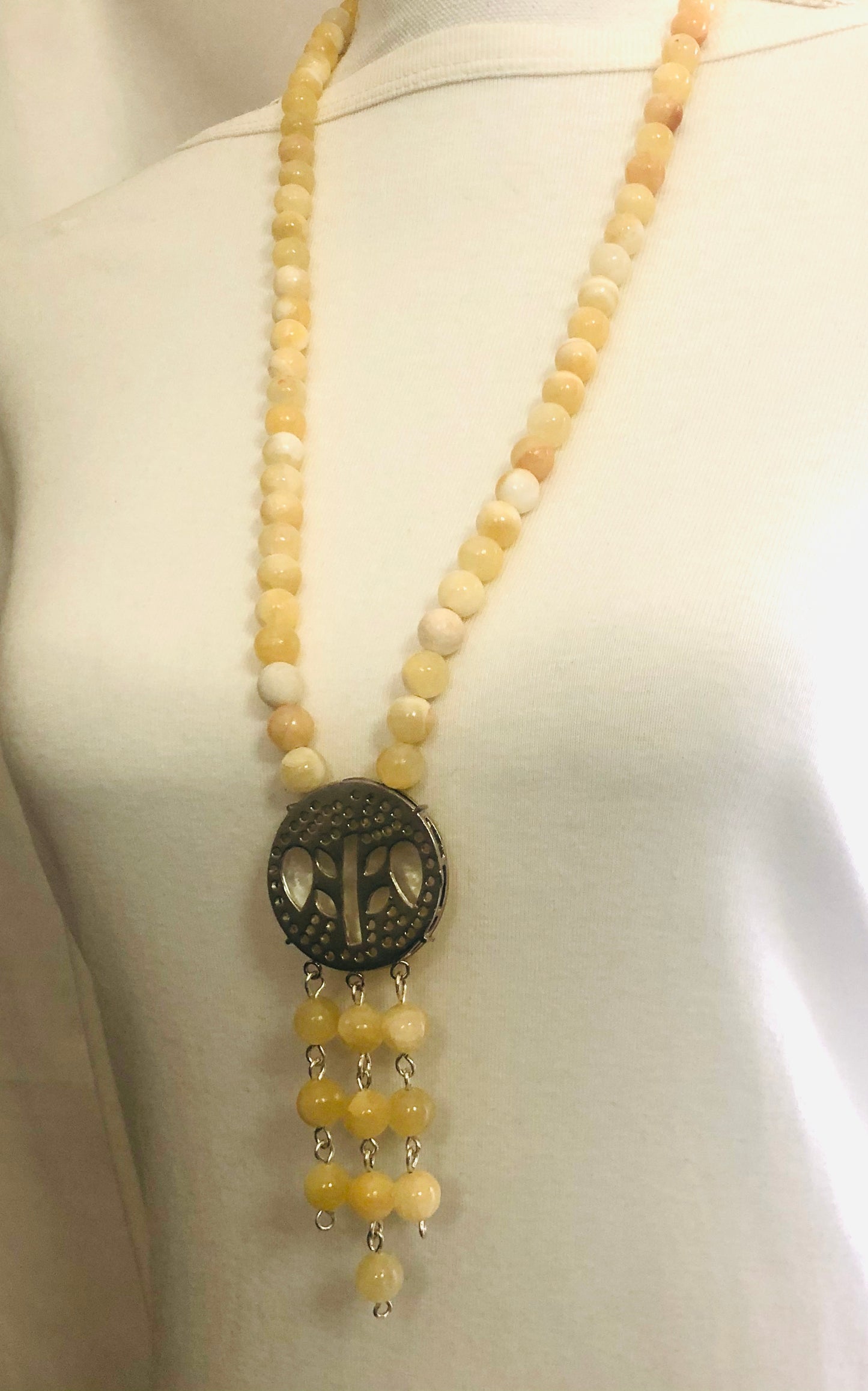 Simply Stunning Mother Of Pearls Shell Pendant + Calcite Natural Stone Necklace “Ease Bijou Collection”