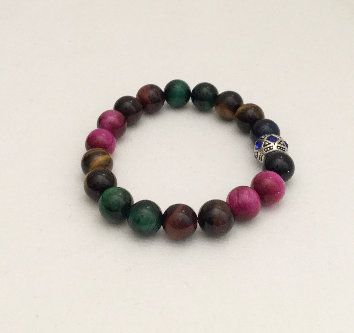 Ease Rocks Tiger's Eye Multi-Colored Stretch Bracelet + European Rhinestone Metal Bead