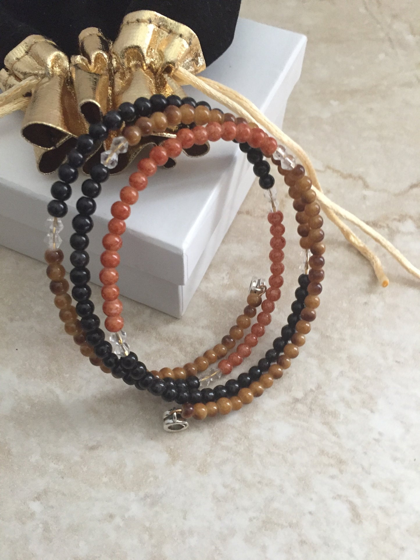 Black And Browns Memory Wire Wrap Beaded Bracelet "Ease Rock Collection"