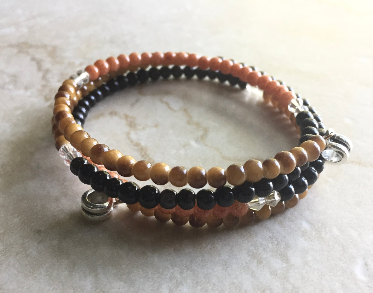 Black And Browns Memory Wire Wrap Beaded Bracelet "Ease Rock Collection"