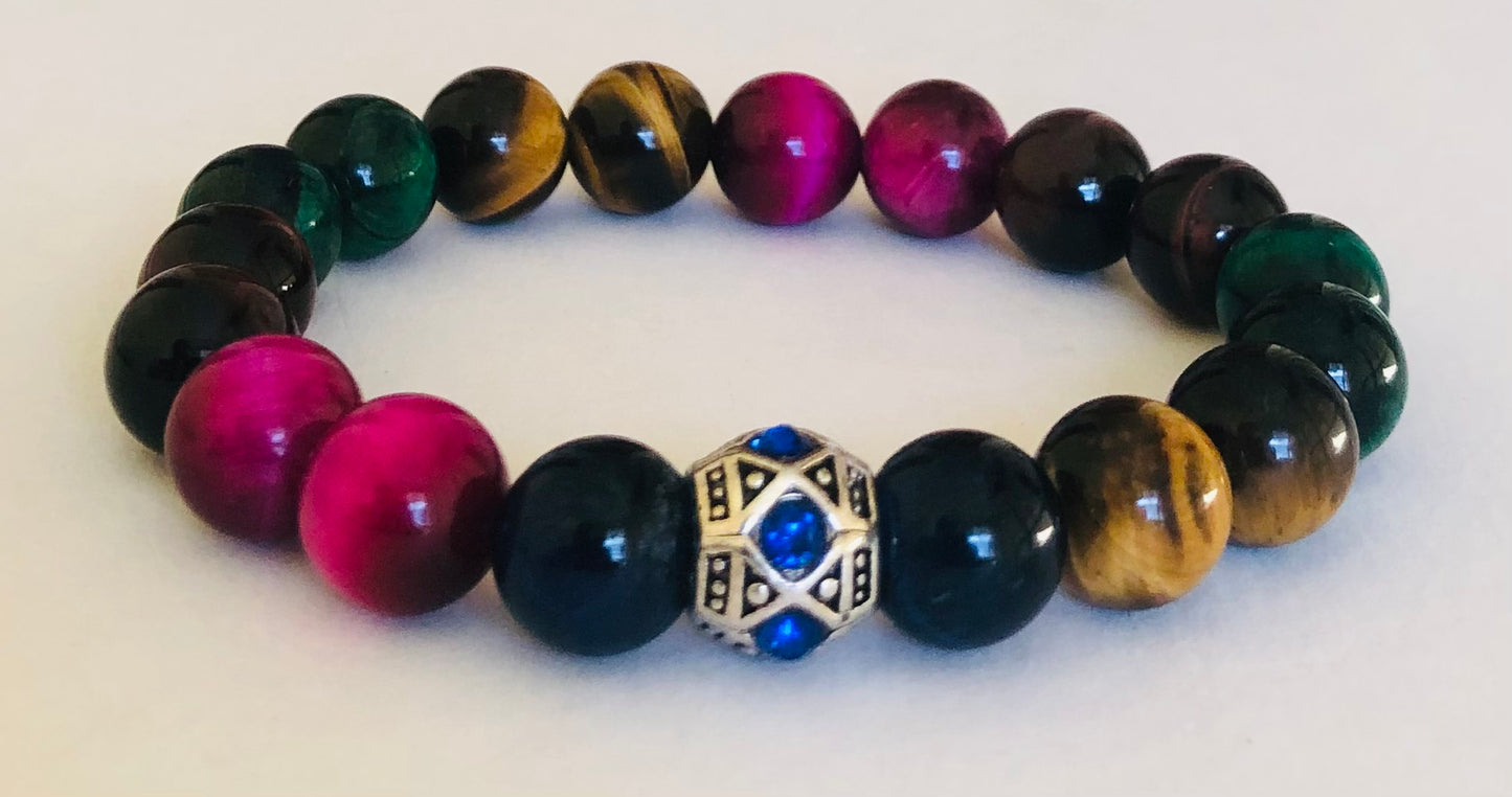 Ease Rocks Tiger's Eye Multi-Colored Stretch Bracelet + European Rhinestone Metal Bead