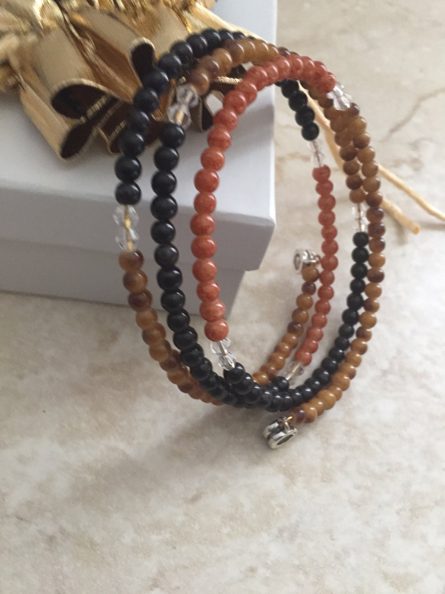 Black And Browns Memory Wire Wrap Beaded Bracelet "Ease Rock Collection"