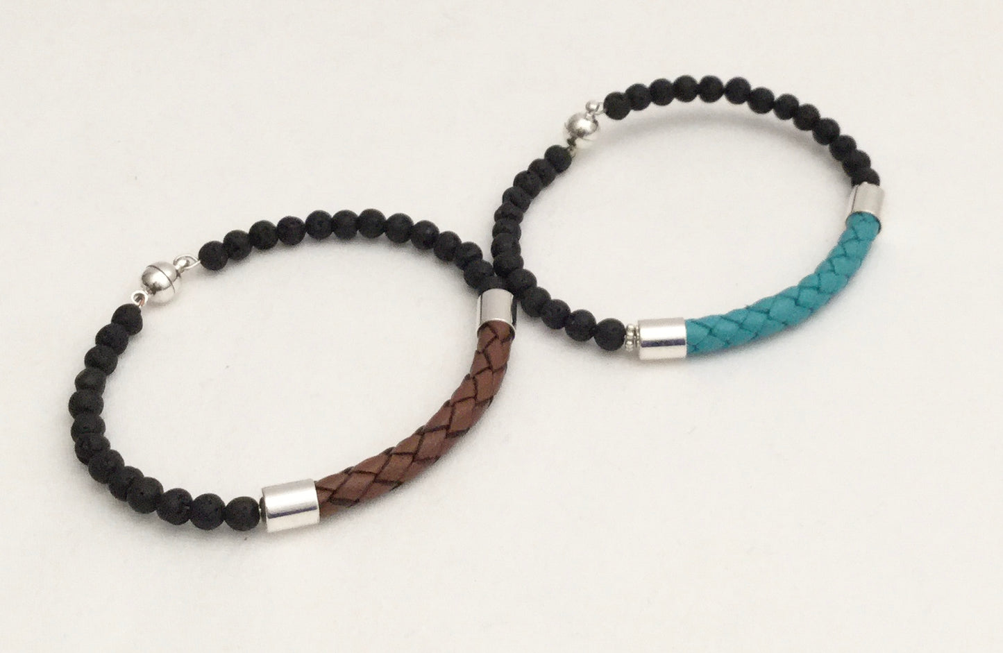 Sleek Braided leather And Lava Natural Stone Memory Wire With Magnetic Clasp "Ease Rocks Collection"