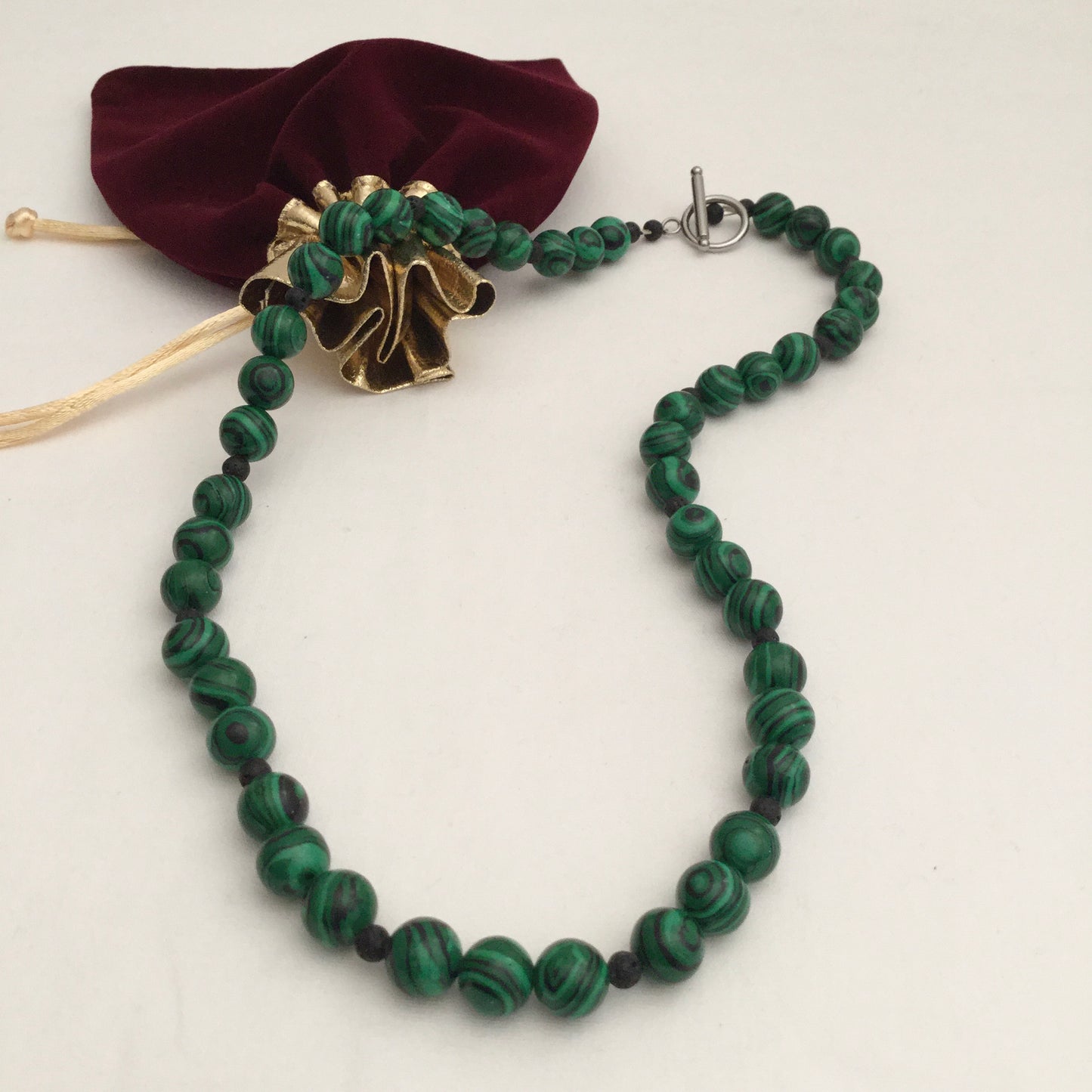 Malachite+Natural Lava Beaded Necklace with Stainless Steel Toggle Clasp "Ease Rocks Collection"