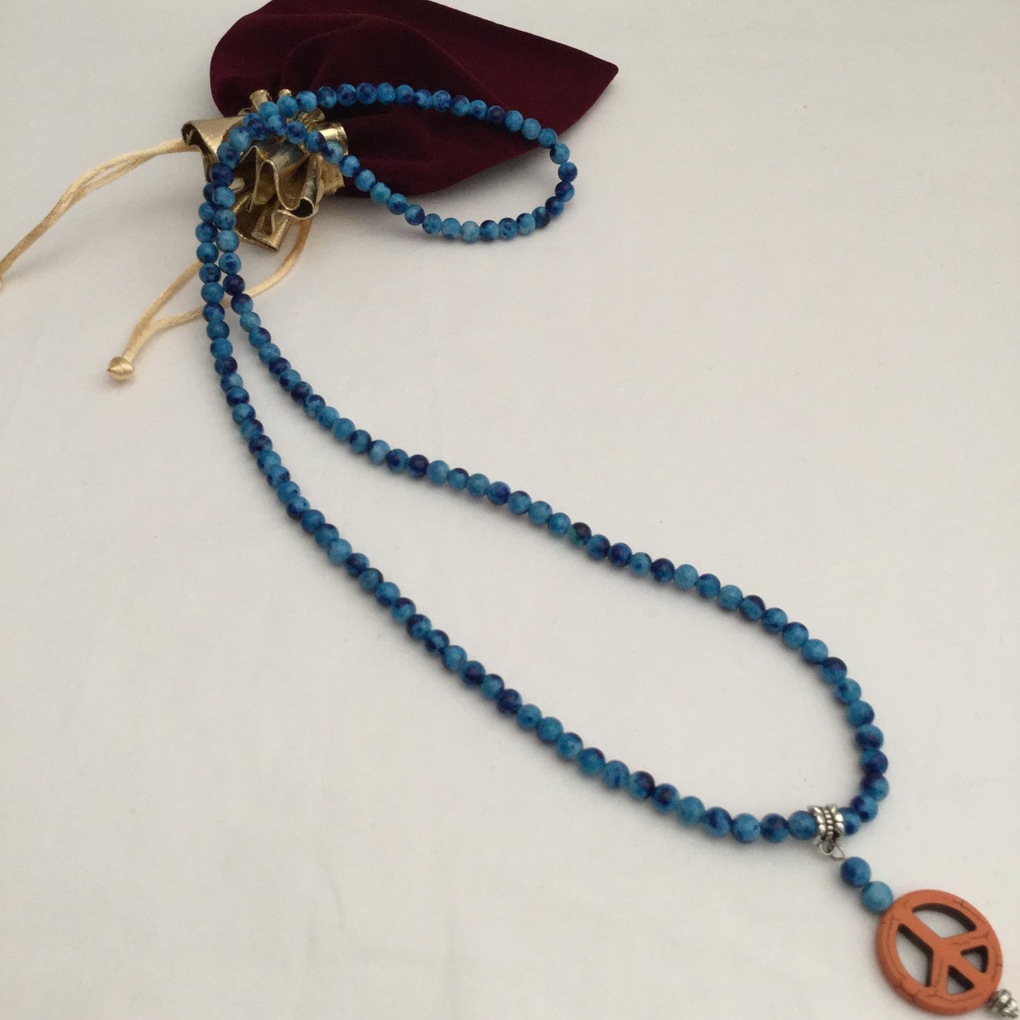 60’s Inspired Peace Sign Focus Pendant + Dyed Blue Agate Beads Necklace "Ease Rocks Collection"