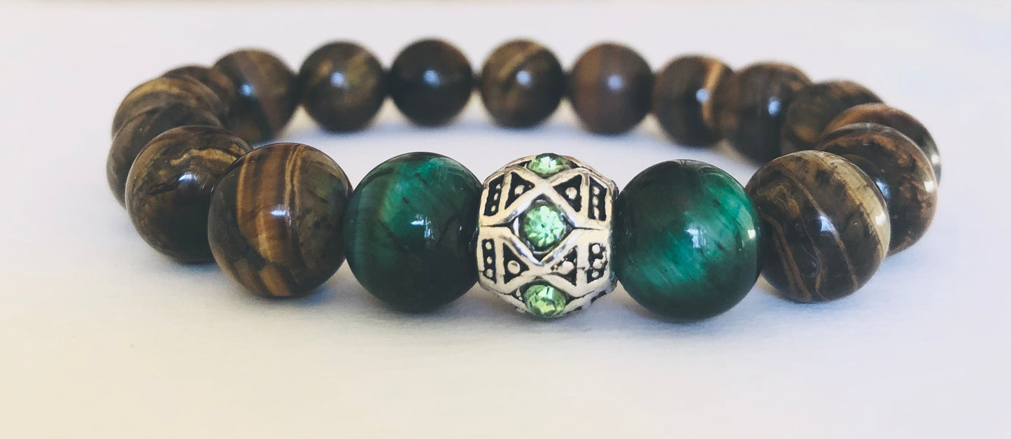 Tiger’s Eye Natural Stone Beads+ European Rhinestone Metal Bead Accent "Ease Rocks Collection"