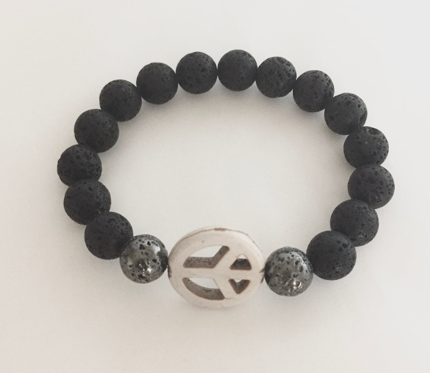 Natural Lava Rock+Peace Sign Accented Bead Beaded Stretch Bracelet "Ease Rocks Collection"