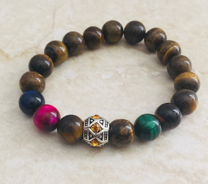 Multi-Colored Tiger's Eye Stretch  Bracelet +  European Topaz Rhinestone Metal Bead "Ease Rocks Collection"