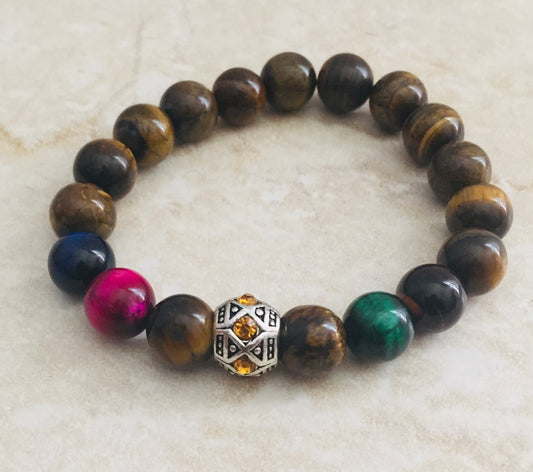 Multi-Colored Tiger's Eye Stretch  Bracelet +  European Topaz Rhinestone Metal Bead "Ease Rocks Collection"