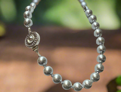 Classic Light Silver Glass Pearl beaded Necklace + Eye Catching Box Clasp  “Classic Collection”