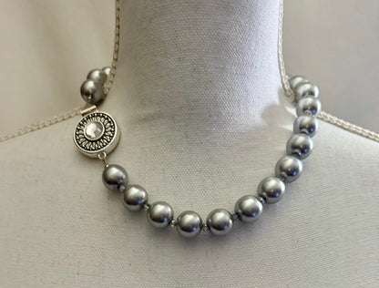 Classic Light Silver Glass Pearl beaded Necklace + Eye Catching Box Clasp  “Classic Collection”
