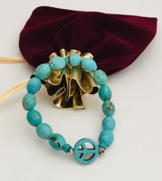 Peace Sign+ Magnesite (Stabilized Turquoise) Stretch Beaded Bracelet “Ease Rock Collection”