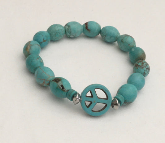 Peace Sign+ Magnesite (Stabilized Turquoise) Stretch Beaded Bracelet “Ease Rock Collection”
