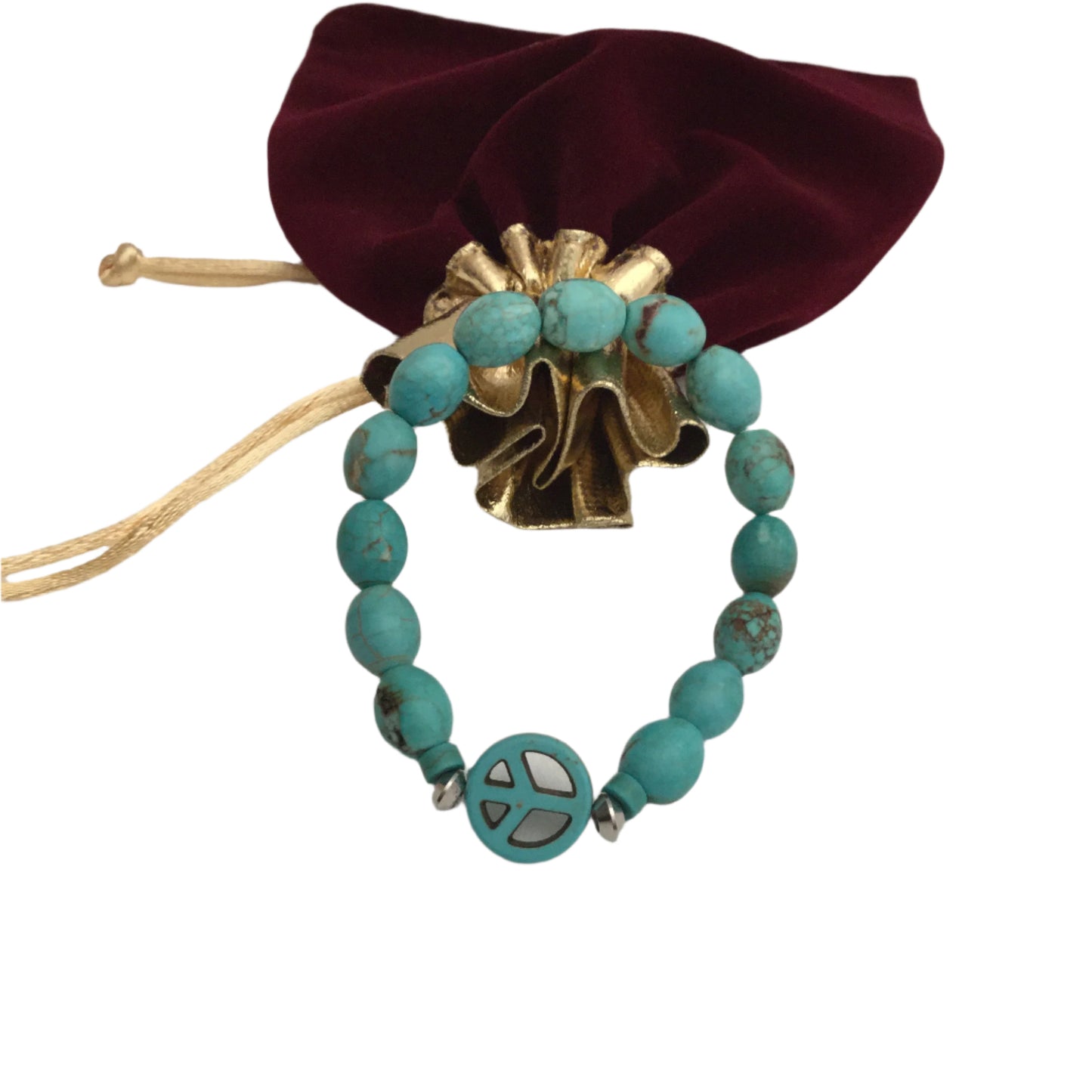Peace Sign+ Magnesite (Stabilized Turquoise) Stretch Beaded Bracelet “Ease Rock Collection”