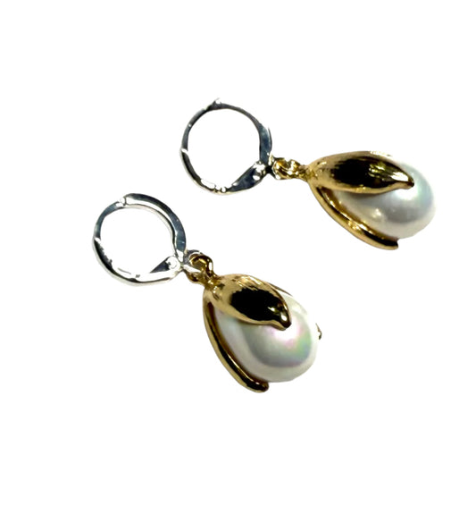 Glossy Faux Pearl Accented Gold-Plated Leaves Caps+Sterling Silver  Drop Earrings "Ease  Bijou Collection"
