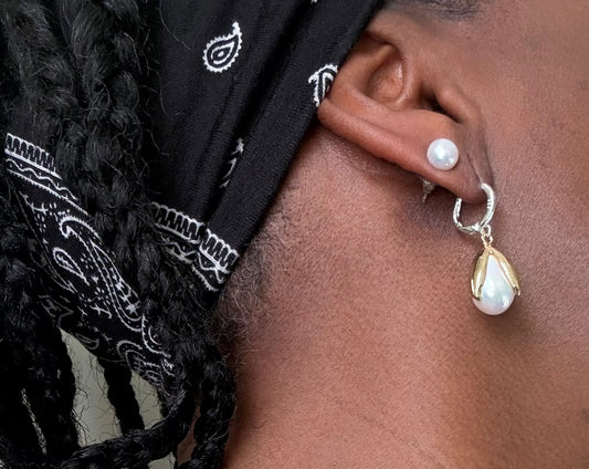 Glossy Faux Pearl Accented Gold-Plated Leaves Caps+Sterling Silver  Drop Earrings "Ease  Bijou Collection"