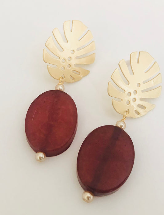 Bold statement Gold Leave + Wine Resin Earrings  “Ease Bijou Collection”
