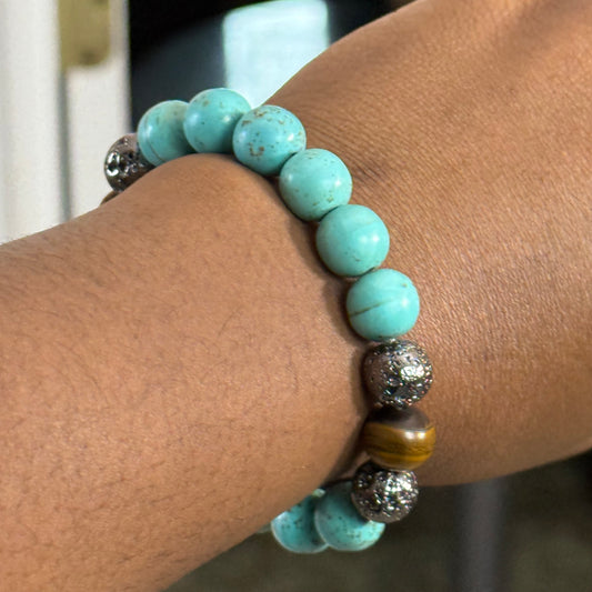 10mm Beaded Magnesite (Turquoise) Bracelet Enhanced with Natural Lava and Tiger's Eye Natural Stone Beads"Ease Rocks Collection"