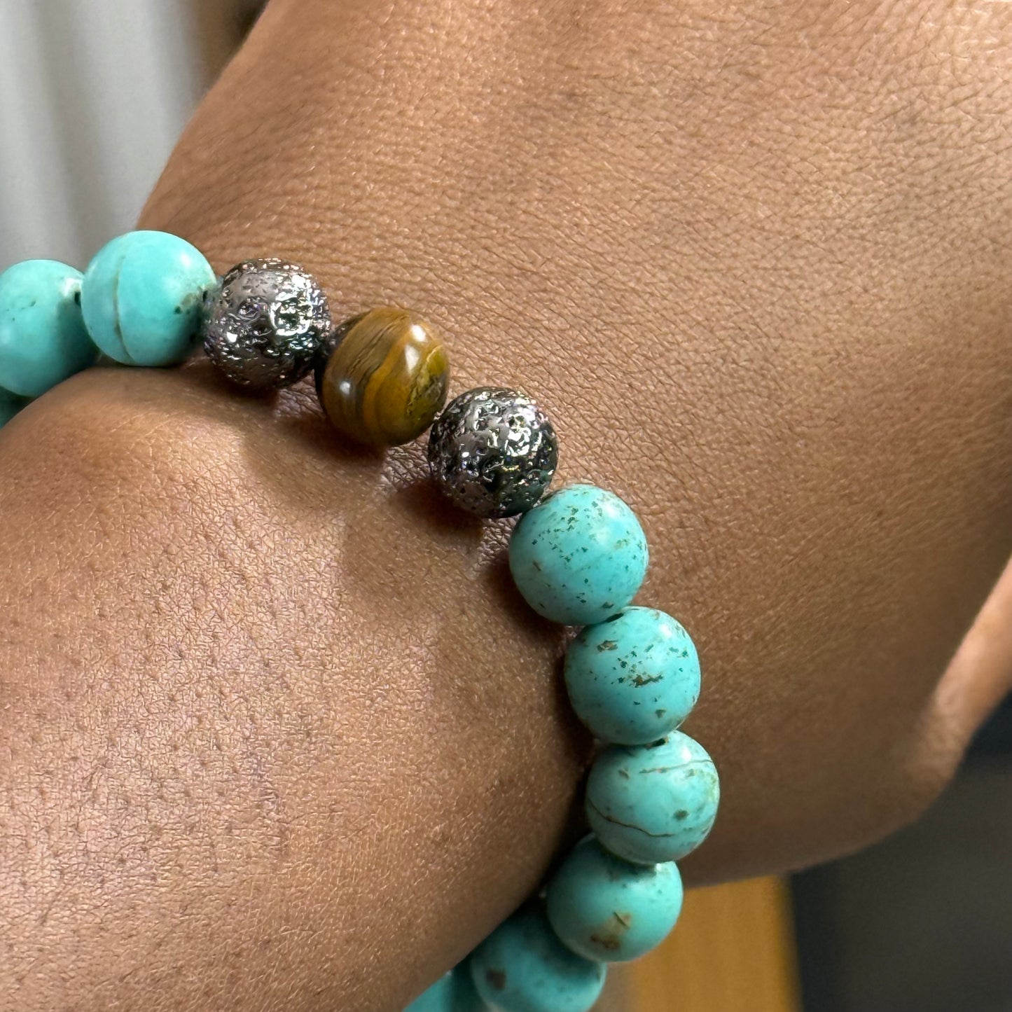 10mm Beaded Magnesite (Turquoise) Bracelet Enhanced with Natural Lava and Tiger's Eye Natural Stone Beads"Ease Rocks Collection"
