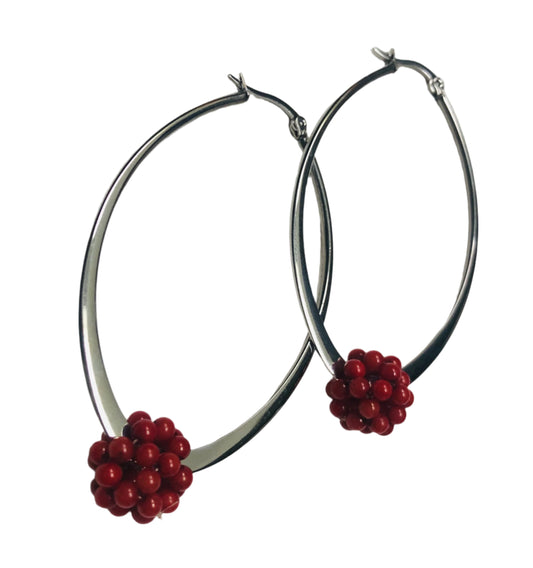 Sterling Silver Hoop + Coral Cluster Beads