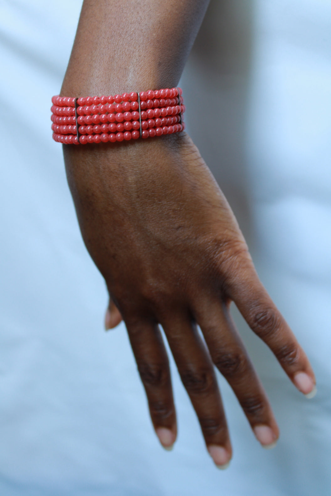 Five Strand Beaded Cuff Bracelet Made With Red Glass Beads “Ease Bijou Collection”