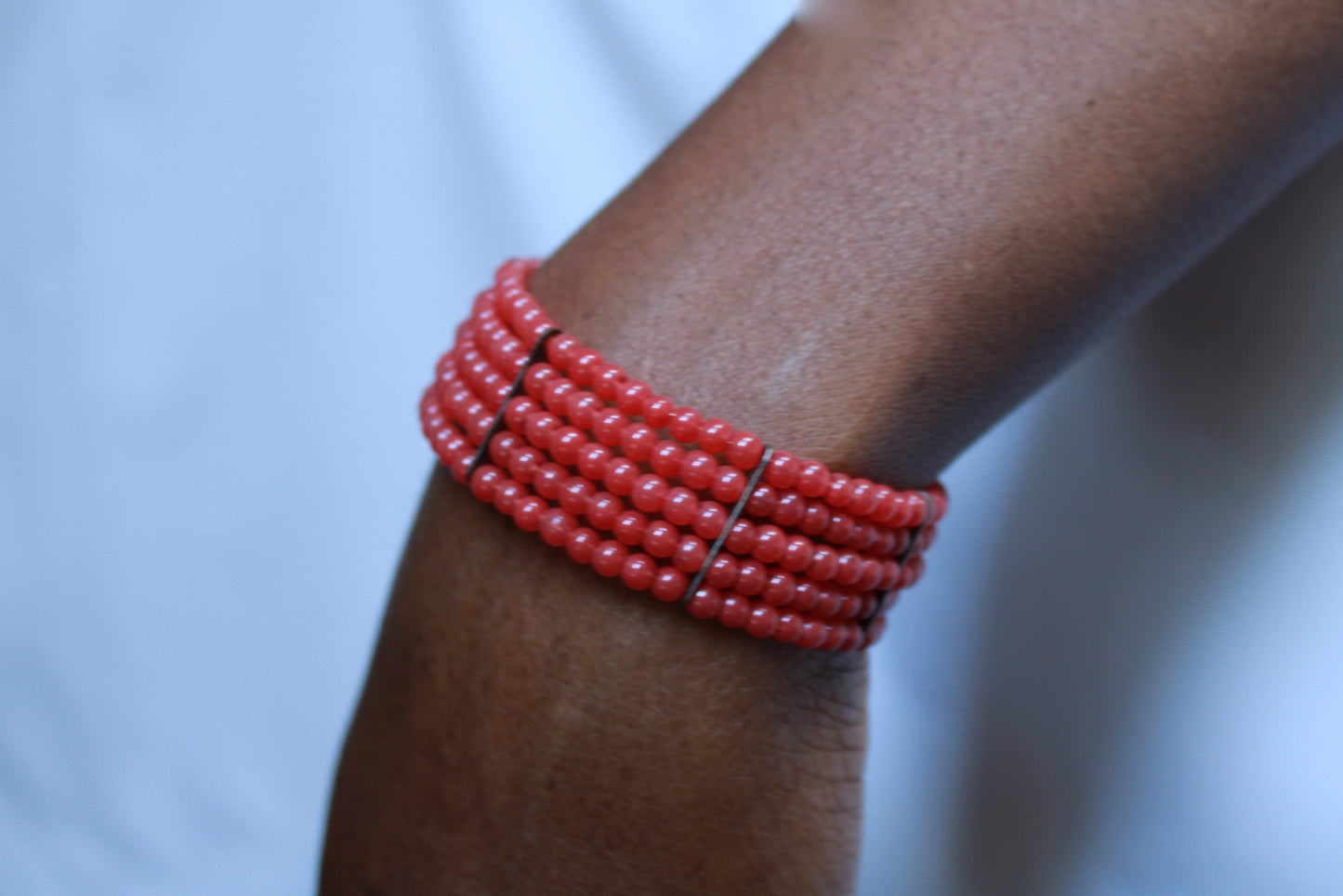Five Strand Beaded Cuff Bracelet Made With Red Glass Beads “Ease Bijou Collection”