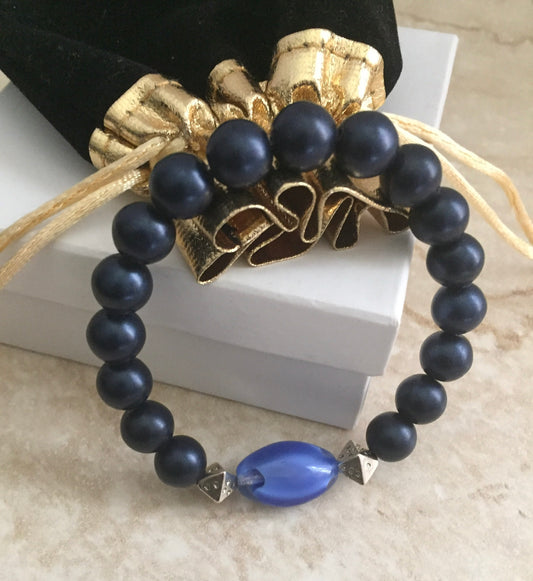 One of a kind Dark Satin Blue Stretch Beaded Bracelet with Vibrant Transparent Blue Focus Glass Bead "Ease Rocks Collection"