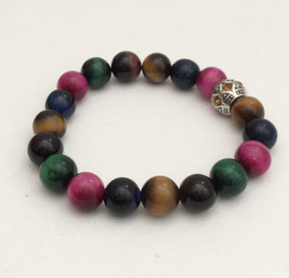 Multi-Colored Tiger's Eye Stretch Bracelet + European Topaz Rhinestone Metal Bead "Ease Rocks Collection"