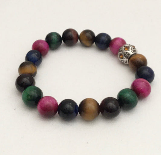 Multi-Colored Tiger's Eye Stretch Bracelet + European Topaz Rhinestone Metal Bead "Ease Rocks Collection"