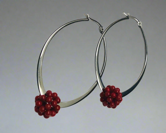 Sterling Silver Hoop + Coral Cluster Beads