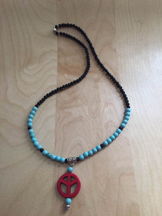 Ease Rocks Turquoise + Black Lava Necklace Enhanced With Red Peace Pendant