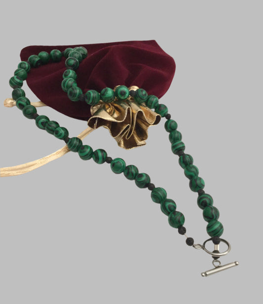 Malachite+Natural Lava  Beaded Necklace with Stainless Steel Toggle Clasp "Ease Rocks Collection"