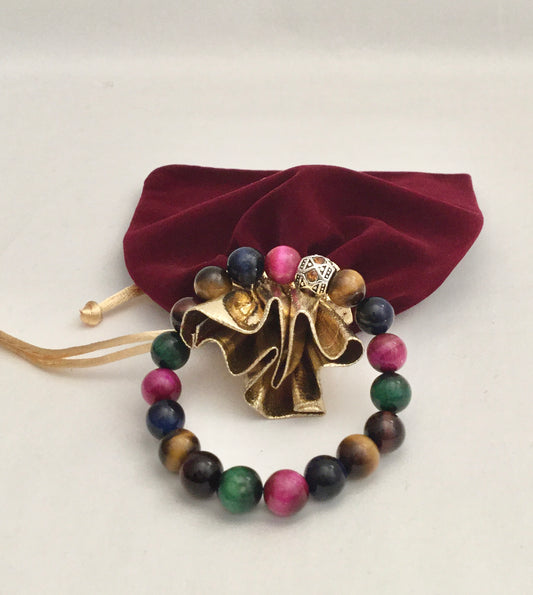 Multi-Colored Tiger's Eye Stretch Bracelet + European Topaz Rhinestone Metal Bead "Ease Rocks Collection"