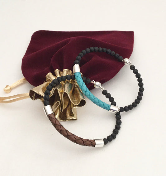 Sleek Braided leather And Lava Natural Stone Memory Wire With Magnetic Clasp "Ease Rocks Collection"
