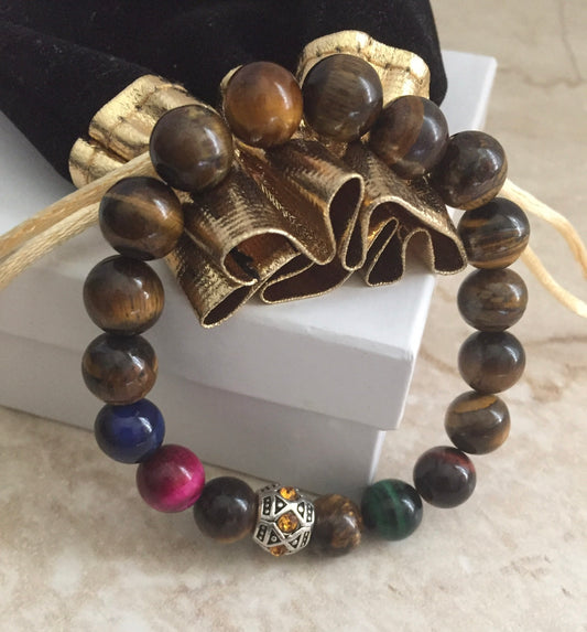 Multi-Colored Tiger's Eye Stretch  Bracelet +  European Topaz Rhinestone Metal Bead "Ease Rocks Collection"