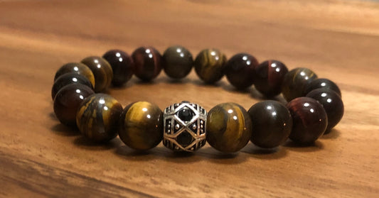 Tiger’s Eye Red & Brown Natural Stones Stretch Bracelet+European Rhinestones Metal Bead "Ease Rocks Collection"