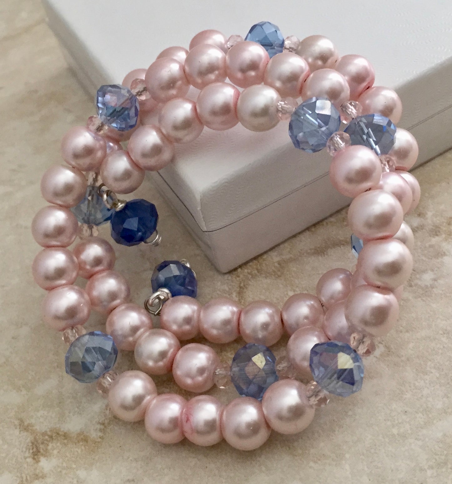 Pretty And Affordable No Clasp  Pink And Blue Wrap Bracelet With Glass Pearls and Crystals bracelet Ease Bijou Collection”