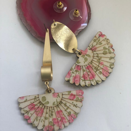 Mis-Matched Wooden Floral Fabric Fan Earrings bracelet “ Ease Bijou Collection”