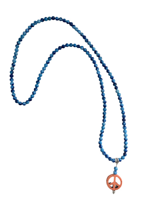 60’s Inspired Peace Sign Focus Pendant + Dyed Blue Agate Beads Necklace "Ease Rocks Collection"