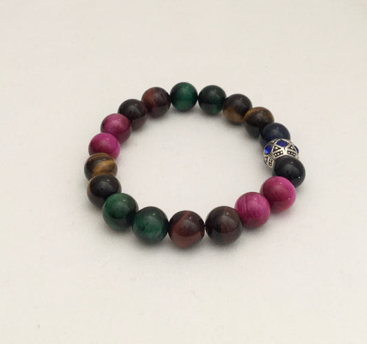 Ease Rocks Tiger's Eye Multi-Colored Stretch Bracelet + European Rhinestone Metal Bead